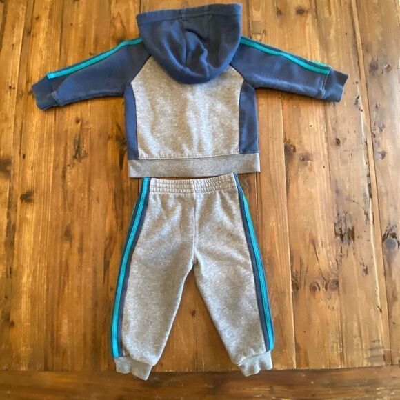 Adidas Hooded ￼Warm Up 2 Piece Outfit Gray Navy Teal Neon Green Sweatsuit Sz 12 - Picture 3 of 10